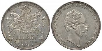 Швеция 1 риксдалер специе - 4 риксдалера риксминт 1857 Оскар I (1844-1859) KM 689 серебро 00-815-44
