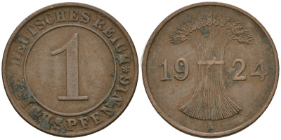 Германия 1 рейхспфенниг 1924 A KM 37, J. 313 бронза 4189-1051