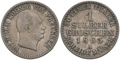 Пруссия 1 СЕРЕБРЯННЫЙ ГРОШ 1863 А, ВИЛЬГЕЛЬМ KM 485 серебро 44-949
