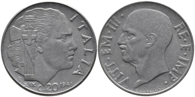 ИТАЛИЯ 20 ЧЕНТЕЗИМО 1941 R, ВИКТОР ИМАНУИЛ, XXII ГОД, МАГНИТНАЯ KM 75b нержавеющая сталь 83-1725