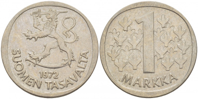 ФИНЛЯНДИЯ 1 МАРКА 1972 S KM 49а медно-никель 3718-712