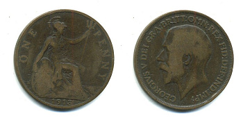 Великобритания 1 пенни 1913 Георг V (1910-1936) KM 810, Spink 4051 бронза 47-1235