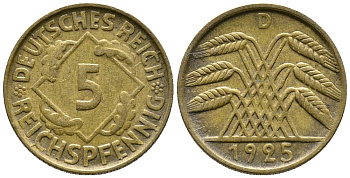 ГЕРМАНИЯ 5 РЕЙХСПФЕННИГОВ 1925 D KM 39, J. 316 алюминиевая бронза 39-543