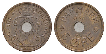 Дания 5 эре 1940 N, Кристиан X (1912-1947) KM 828 бронза 4657-257