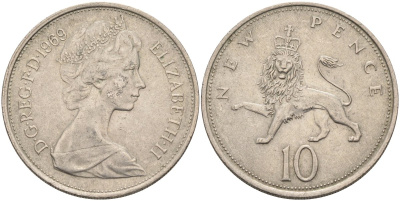 Великобритания 10 пенсов 1969 Елизавета II (1952-2022) KM 912, Spink 4231 (F1) медно-никель 4587-1224