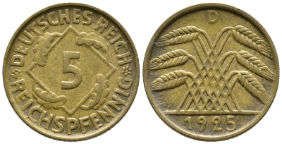 ГЕРМАНИЯ 5 РЕЙХСПФЕННИГОВ 1925 D KM 39, J. 316 алюминиевая бронза 39-543