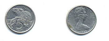 Новая Зеландия 5 ЦЕНТОВ 1982 ТУАТАРА, ТРЕХГЛАЗАЯ ЯЩЕРИЦА ОТРЯДА КЛЮВОГОЛОВЫХ, ЕЛИЗАВЕТА II KM 34.1 медно-никель 23-1441