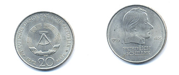 ГДР 20 марок 1972 А, Фридрих Шиллер (1759-1805) KM 40 медно-никель 3333-812