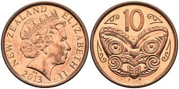 Новая Зеландия 10 центов 2013 маска Маори, Елизавета II (1952-) KM 117а сталь плакированная медью 106-855