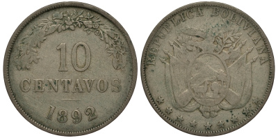 Боливия 10 сентаво 1892 H KM 172 медно-никель 272-635
