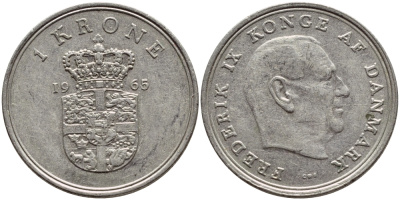 ДАНИЯ 1 КРОНА 1965 C; S, ФРЕДЕРИК IX (1947-1972) KM 851.1 медно-никель 4398-1021