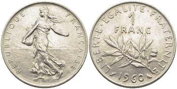 ФРАНЦИЯ 1 ФРАНК 1960 СЕЯТЕЛЬ KM 925.1, LE FRANC 226.4 никель 175-516