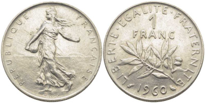 ФРАНЦИЯ 1 ФРАНК 1960 СЕЯТЕЛЬ KM 925.1, LE FRANC 226.4 никель 175-516