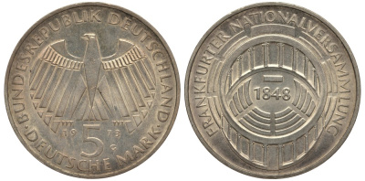 ФРГ 5 МАРОК 1973 G, 125 ЛЕТ ФРАНКФУРТСКОМУ ПАРЛАМЕНТУ KM 137, J. 412 серебро UNC 413-4812