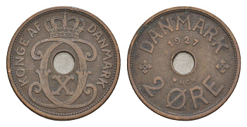 Дания 2 эре 1927 HCN, Кристиан X (1912-1947) KM 827 бронза 4639-723