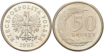 Польша 50 грошей 1992 MW KM 281, Parchimowicz 706c медно-никель UNC 106-522