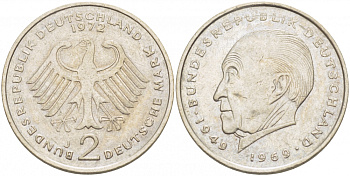 ФРГ 2 марки 1972 J, Конрад Аденауэр J 406, KM 124 медно-никель плакированный никелем 3996-911