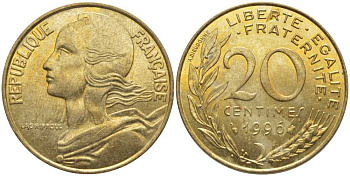 ФРАНЦИЯ 20 САНТИМОВ 1996 ТИП MARIANNE KM 930, LE FRANC 156.40 медь алюминий никель 175-915