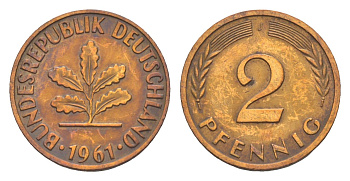 ФРГ 2 пфеннига 1961 J KM 106, J. 381 бронза 4164-135