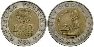 Португалия 100 эскудо 1989 Педру Нуниш (1502-1578), математик KM 645.1 биметалл 4551-741
