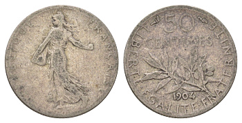 Франция 50 сантимов 1904 KM 854 серебро 4623-1162