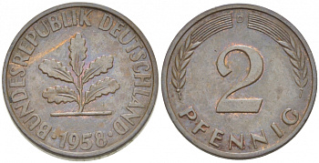 ФРГ 2 ПФЕННИГА 1958 D KM 106, J. 381 бронза 3955-618