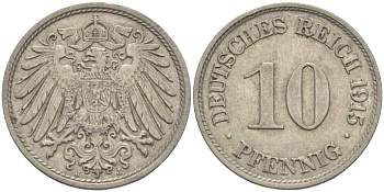 ГЕРМАНИЯ 10 ПФЕННИГОВ 1915 J KM 12, J. 13 медно-никель 65-831