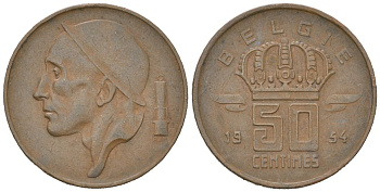 Бельгия 50 сантимов 1954 Belgie, Бодуэн I (1951-1993) KM 145 бронза 4618-224