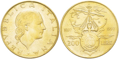 ИТАЛИЯ 200 ЛИР 1997 R, 100 ЛЕТ ИТАЛЬЯНСКОЙ МОРСКОЙ ЛИГЕ (1897-1997) KM 186 латунь 4529-232