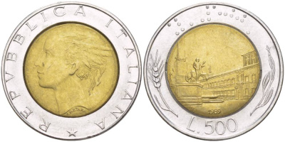 ИТАЛИЯ 500 ЛИР 1989 R, КРИВИНАЛЬСКИЙ ДВОРЕЦ В РИМЕ KM 111 биметалл 4551-546