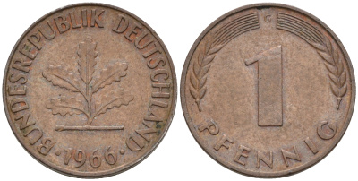 ФРГ 1 пфенниг 1966 G KM 105, J. 380 сталь плакированная медью    4115-117