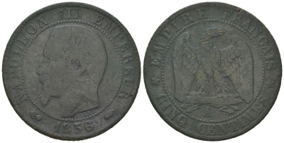 Франция 5 сантимов 1856 A, Наполеон III (1852-1870) KM 777.1 бронза 4579-122