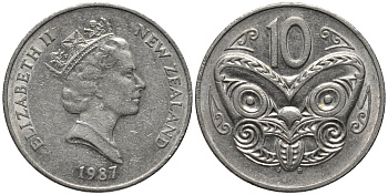 Новая Зеландия 10 центов 1987 Елизавета II (1952-2022), маска маори KM 61 медно-никель 4579-953