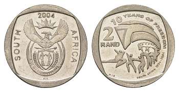 ЮАР 2 ранда 2004 10 лет первым всеобщим выборам KM 334 медь плакированная никелем UNC 4628-124