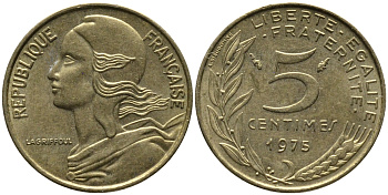ФРАНЦИЯ 5 САНТИМОВ 1975 ТИП MARIANNE KM 933 медь алюминий никель 261-635