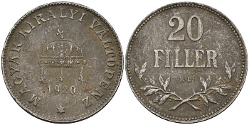 Венгрия 20 филлеров 1920 КВ, Карл I (1916-1918), редкий год KM 498 железо 4151-1027