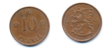 Финляндия 10 пенни 1934 республика (1918-1962) KM 24 медь 51-5416