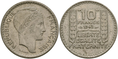 Франция 10 франков 1948 тип Пьер Турин KM 909.1, Le Franc 362.3 медно-никель 4120-1231