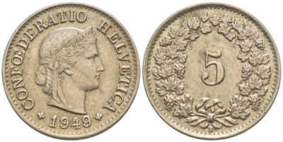 ШВЕЙЦАРИЯ 5 РАППЕНОВ 1949 В KM 26 медно-никель 4532-945