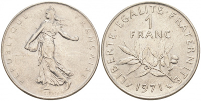 ФРАНЦИЯ 1 ФРАНК 1971 СЕЯТЕЛЬ KM 925.1 никель 68-115