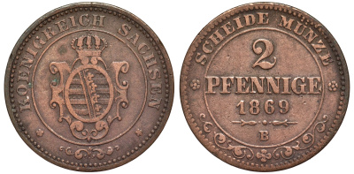 Саксония 2 пфеннига 1869 В, Иоганн (1854-1873) KM 1217, Jaeger 121, AKS 155 медь 75-1129
