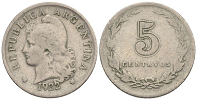 Аргентина 5 сентаво 1922 голова свободы влево KM 34, CJ 153, Schon 37 медно-никель    4609-1126