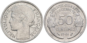 ФРАНЦИЯ 50 САНТИМОВ 1941 ТИП MORLON LOURDE KM 894.1a, LE FRANC 193.2 алюминий 44-316