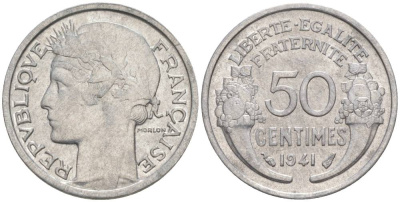 ФРАНЦИЯ 50 САНТИМОВ 1941 ТИП MORLON LOURDE KM 894.1a, LE FRANC 193.2 алюминий 44-316