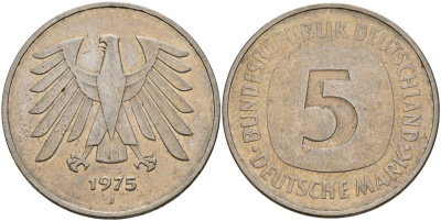 ФРГ 5 марок 1975 J, монетный двор Гамбург КМ 140.1, J. 415 медно-никель плакированный никелем 4157-234