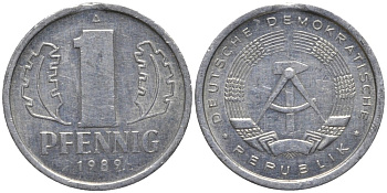 ГДР 1 пфенниг 1989 А, монетный двор Берлин KM 8.2 алюминий 116-537