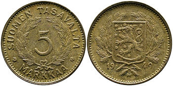 ФИНЛЯНДИЯ 5 МАРОК 1949 WIDE H KM 31а латунь 4388-1033