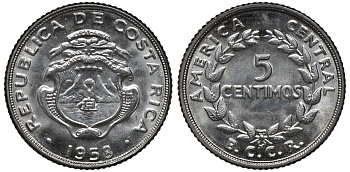 Коста-Рика 5 сентимо 1958 KM 184.1a сталь UNC M53-04