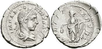 Римская Империя денарий 218 - 222 Элагабал LAETITIA PVBL Летиция, персонификация Счастья Рим Good Very fine RIC 95 серебро 00-00-00