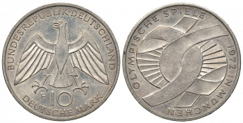 ФРГ 10 марок 1972 F, XX летние Олимпийские игры 1972 года в Мюнхене, символика KM 131, J.402 серебро 413-5135